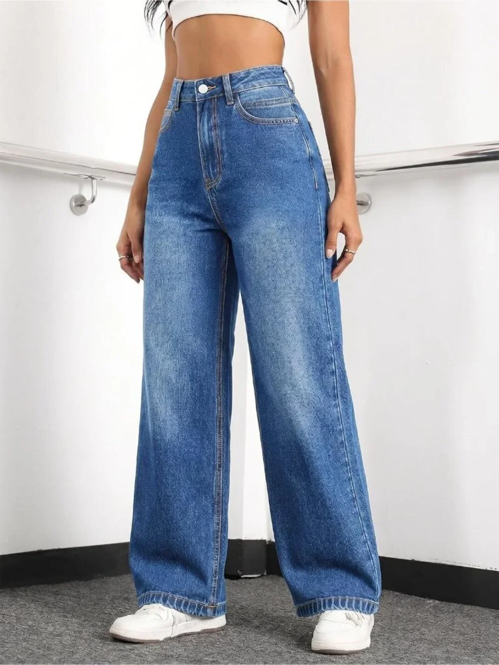 Women's Blue Denim Y2k Straight Leg Button Zip High Waisted Baggy Jeans